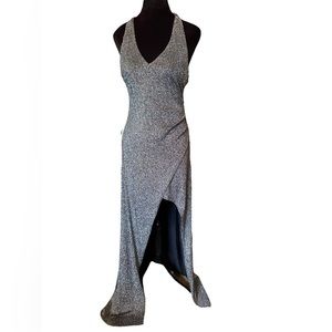 Dress Forum Metallic Silver Super Sparkly Glitter Bodycon High Slit Formal Dress